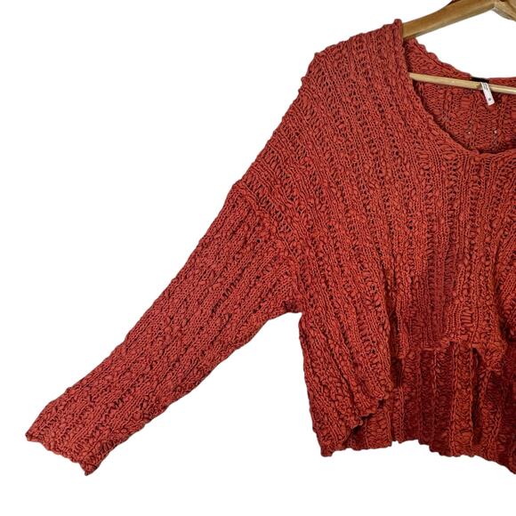Free People 100% Cotton Open-Knit Cropped Sweater Womens M Orange Beachy - Picture 4 of 7